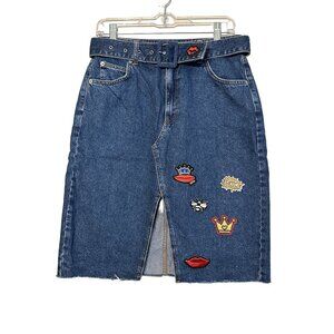 Topshop MOTO Women's Long Cutoff Denim Jean Skirt Long Front Slit Patches Size 8
